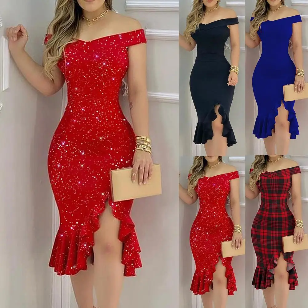 

Women Dress Sexy Polyester Off Shoulder Split Ruffle Solid Color Plaid Bodycon Knee-length Dress woman fashion 2021 femme robe
