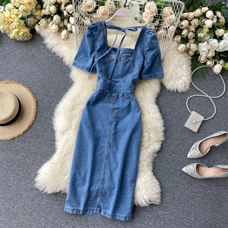 

Women Square Collar Denim Dress New 2021 Summer Short Sleeve Single Breasted Sexy Mid Long Dress Lady Fashion Pocket Jeans Dress
