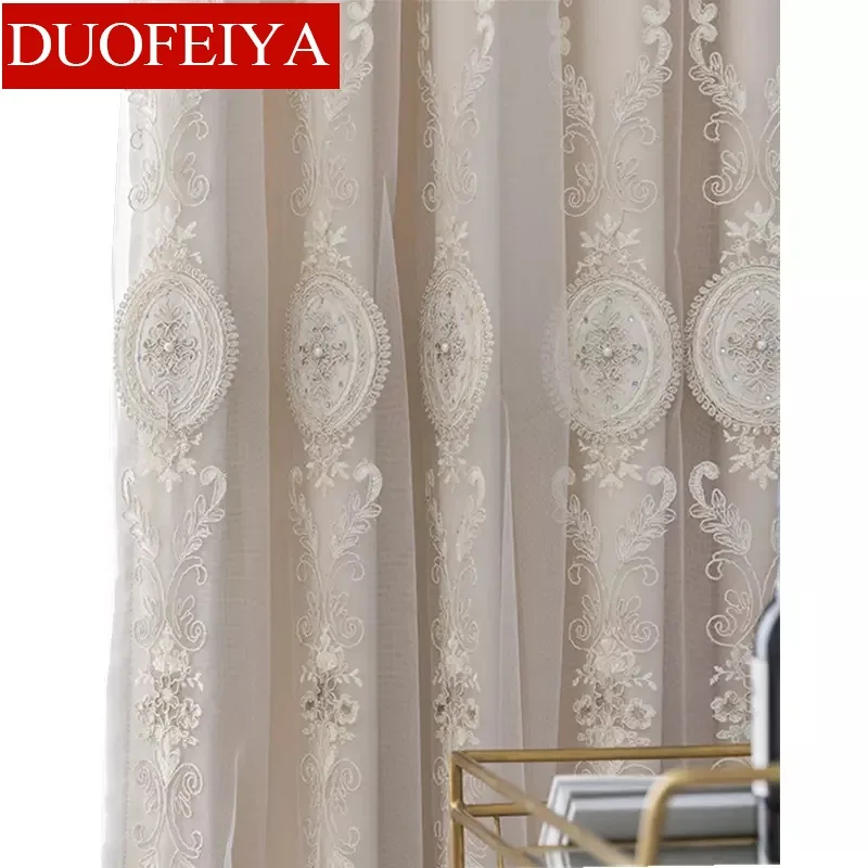 

2021 New European-style Curtains Luxury Embroidered with Beads Tulle Curtains for Living Room Bedroom Beige Blackout Drapes