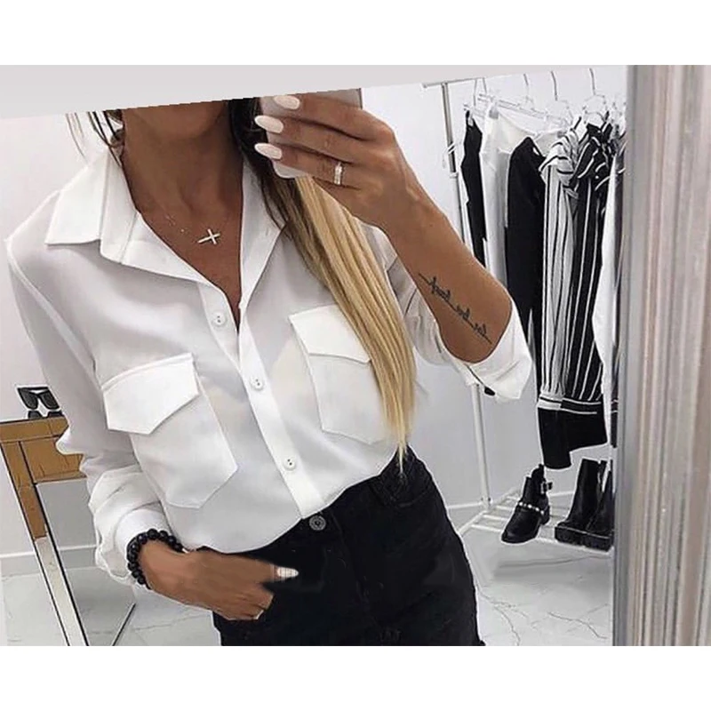 Для женщин Повседневное со сплошным карманом рубашка блуза с принтом отложной