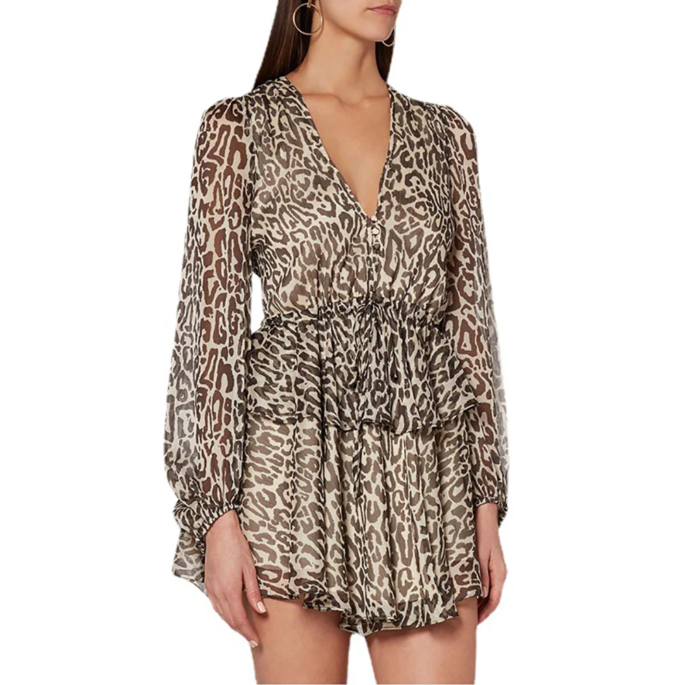 Женское шифоновое платье с завязками леопардовое рукавами-фонариками и высокой