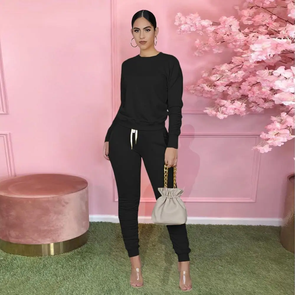 Осень 2020 однотонный спортивный костюм женский Топ с длинным рукавом и