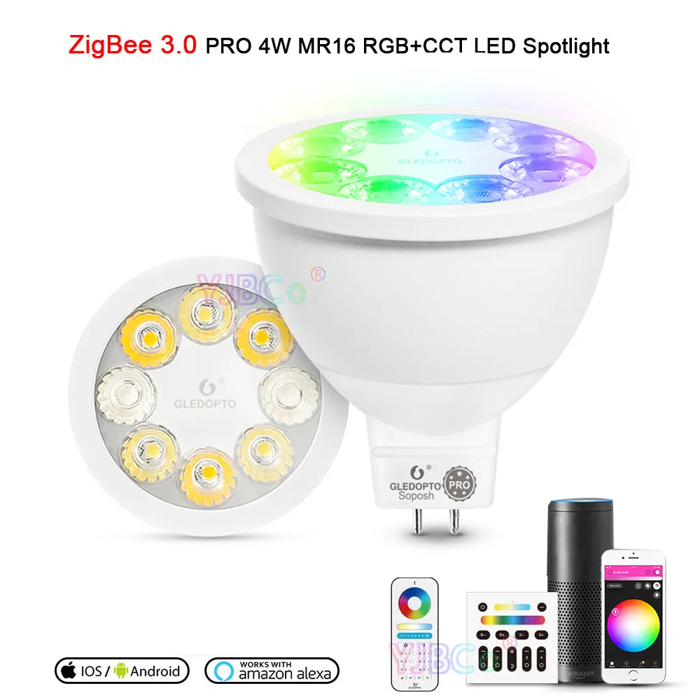 

ZigBee 3.0 Smart Pro MR16 4W RGB CCT LED Spotlight AC/DC12V Bulb Lamp Work with Alexa Echo Plus App Voice 2.4G RF Remoter