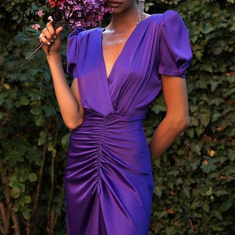 Женское однотонное элегантное платье средней длины с V-образным вырезом и