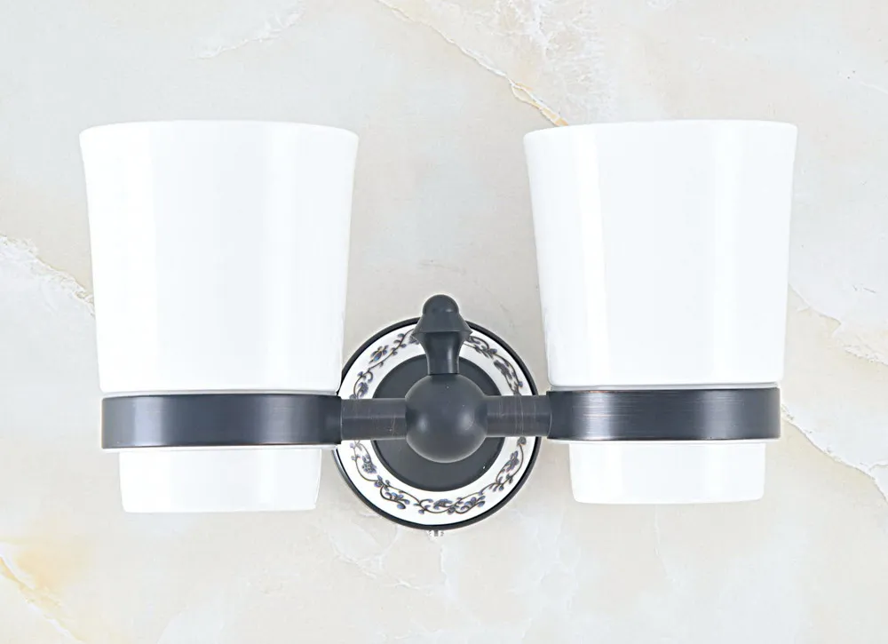 

Black Oil Rubbed Brass Double Toothbrush Holder With Ceramic Cup Wall Mounted Bathroom Accessories aba759