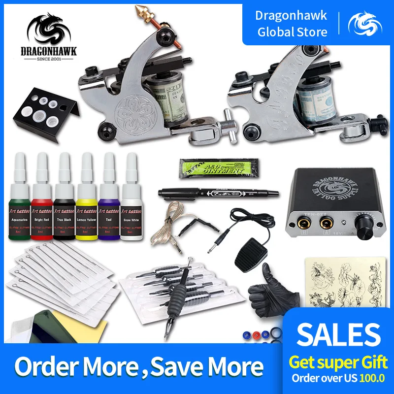 Стартовый комплект татуировки 2 пулемета 6 цветных чернил поставки оборудования