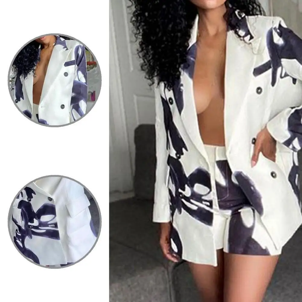 

Stylish 1 Set Popular Splash Ink Print Double Breasted Suits Coat Shorts Suit Suits Coat Shorts Breathable for Dating