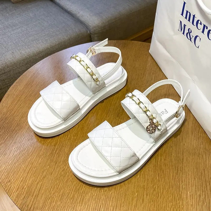 

2021 Sandals Summer New Flat British Wind Velcro Embroidery Thick-soled Casual Roman Fragrance Designer Sandalias De Mujer