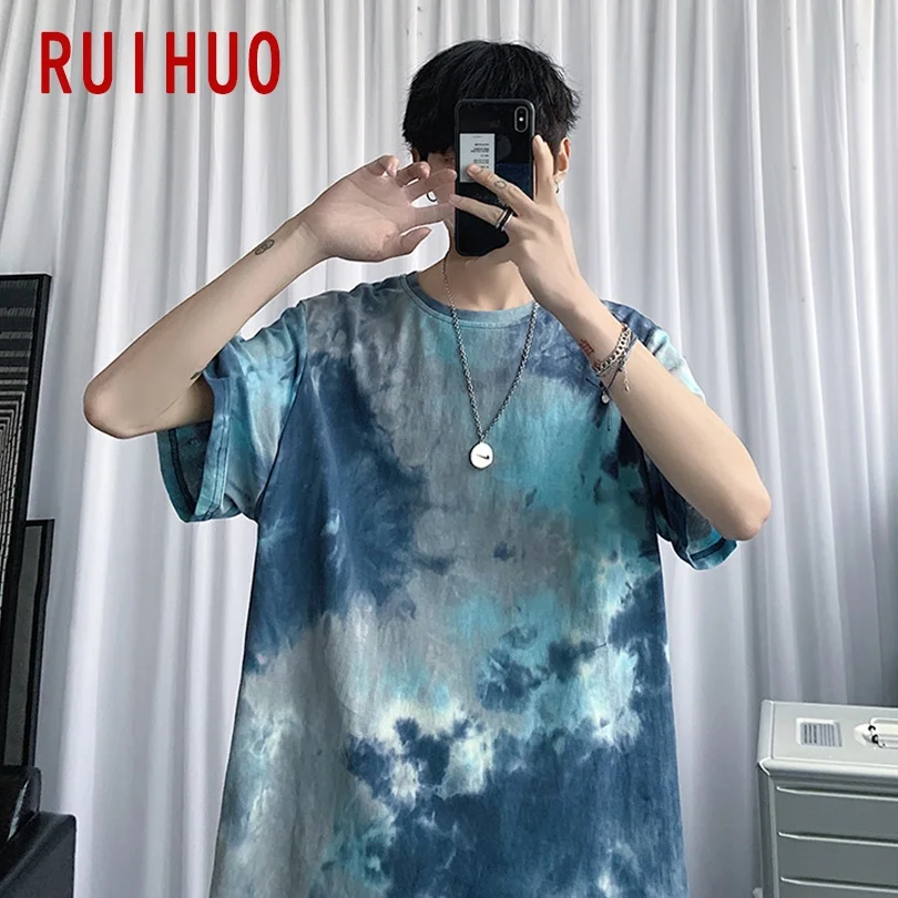 RUIHUO 2022 New Tie-Dye Short Sleeve T Shirt Men tshirt Male Summer Cotton Tee Casual Tops Fashion M-5XL Funny Clothing | Мужская одежда