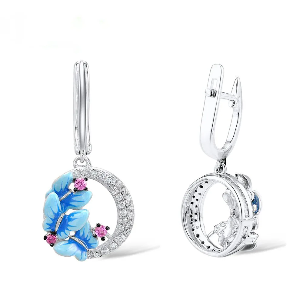 

New three blue painted butterfly earrings European and American full diamond two-tone earrings earrings
