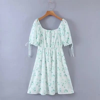 womens 2021 new elegant summer puff sleeve light print dresses for ladies lace up square collar small floral casual short dress