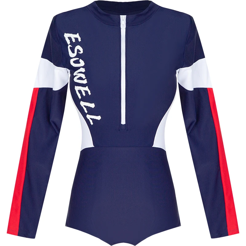 

One Piece Swimsuit Ladies Patchwork Swimsuit paded Ladies Swimwear Swimdress Women Long Sleeve Zipper Surfing Blue