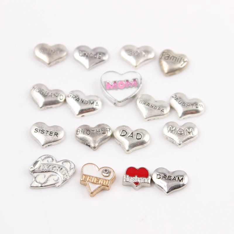 60 шт./лот Серебряное сердце член семьи плавающие шармы папа бабушка сын сестра
