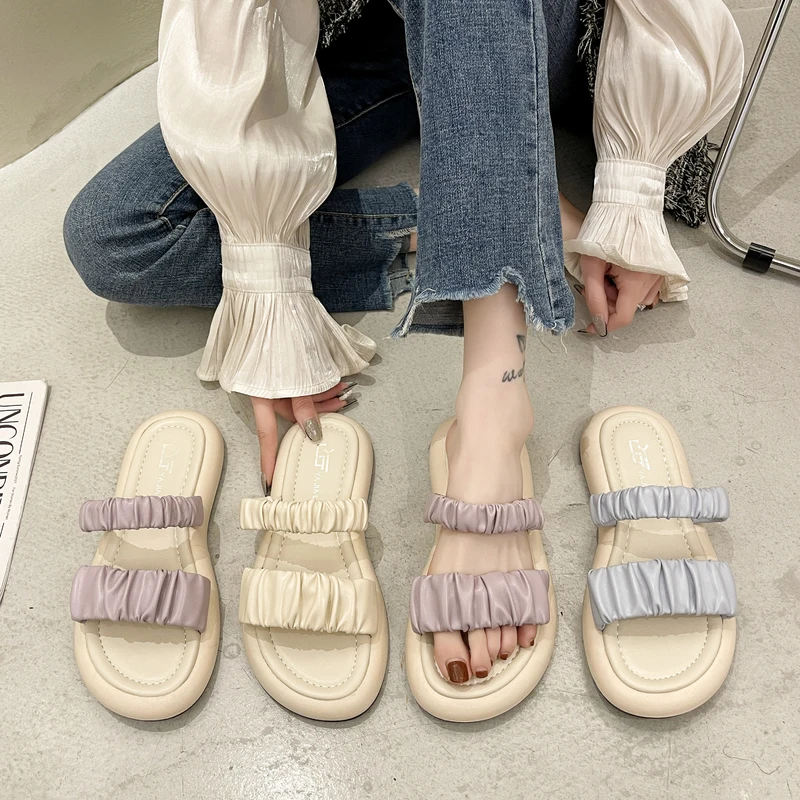 

House Slippers Platform Female Shoes Slides Med Fashion 2021 Luxury Flat Rubber PU Shoes Woman 2021 Med Female Slippers Luxury S