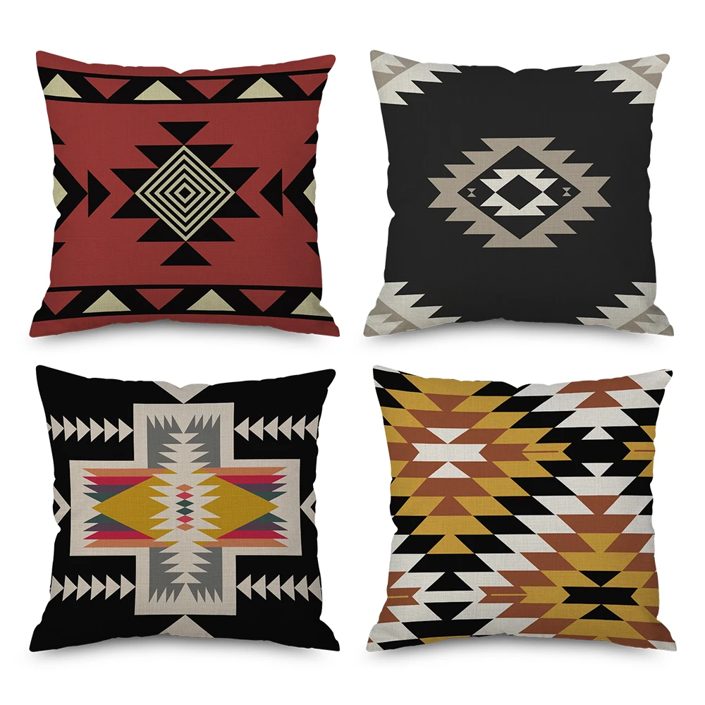 Hawkalice Geometric Pattern Throw Pillows 18x18 Inch Square Covers Cotton Linen Cushion For Home Couch Decor Set of 4 NO Filler