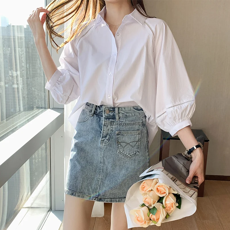 

Korean Women Shirt Chiffon Blouses for Women Lantern Sleeve Shirts Tops Woman White Patchwork Blouse Tops Plus Size Woman Blouse