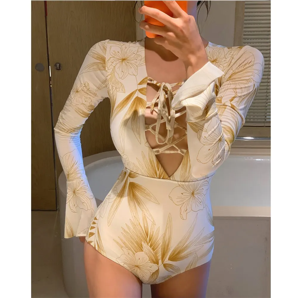 Женский Цельный купальник с длинным рукавом принтом сексуальный бандажный