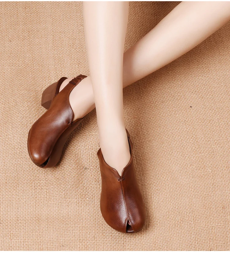 

GKTINOO Vintage Genuine Leather Sandals Mid Heel Summer Fish Mouth Ladies Shoes Summer Shoes Casual Mother Sandals
