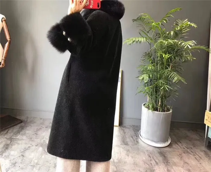 Пальто из натурального овечьего меха, двухстороннее меховое зимнее пальто для женщин, Воротник из натурального Лисьего меха, длинная куртка, теплое пальто