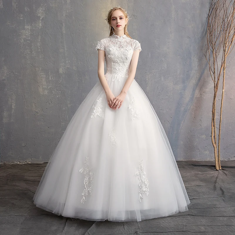 Vestido de Casamento Nupcial de Luxo Rendas até Vestidos de Casamento sem Mangas Tamanho Grande Alta Pescoço Cerimônia 3 Cheap Vestidos de Noiva