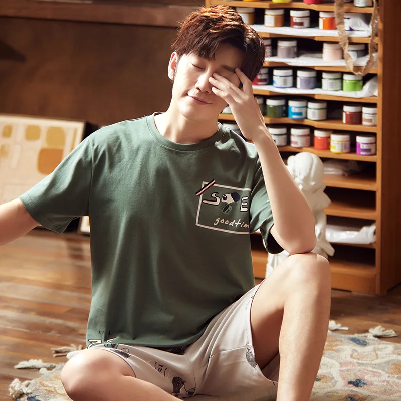 

Pajamas Summer Men Home Wear Large Size Thin Short Sleeve Pure Cotton Fashion Simple-Outer Women'S Pajama Sets