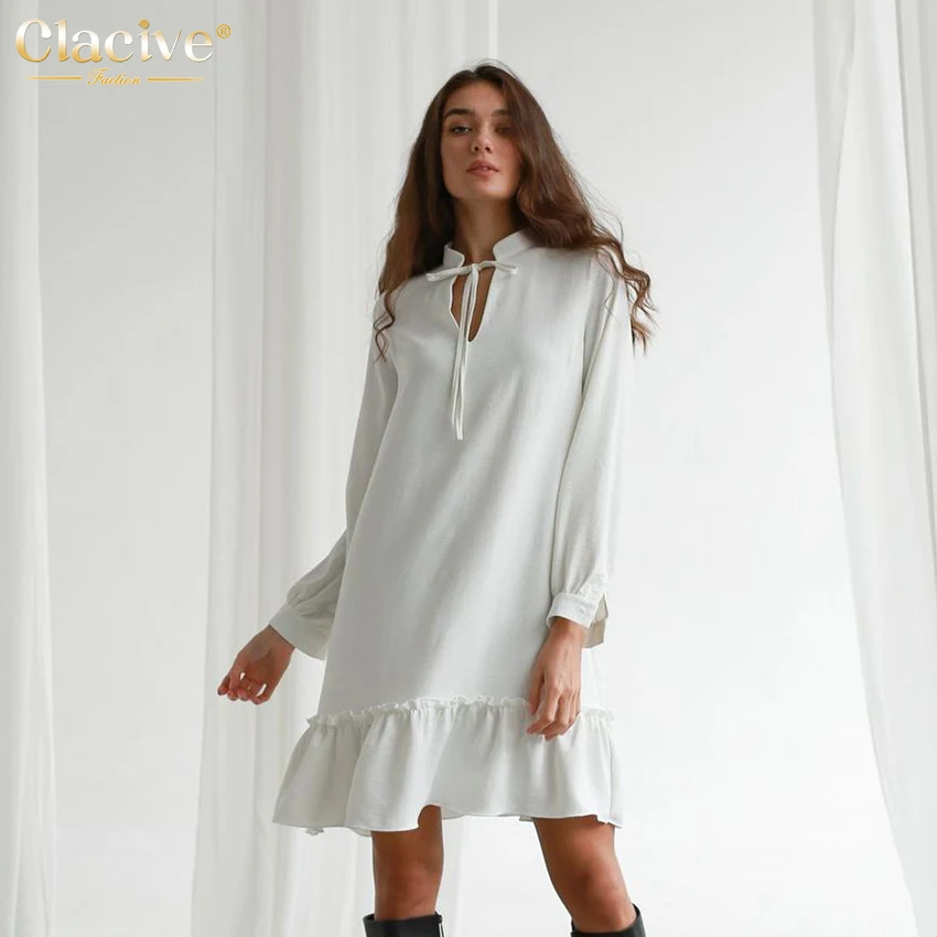 

Clacive Fashion Lace-Up Stand Collar White Dress Spring Loose Long Sleeve Mini Dress Casual Pleated Elegant Dresses For Women