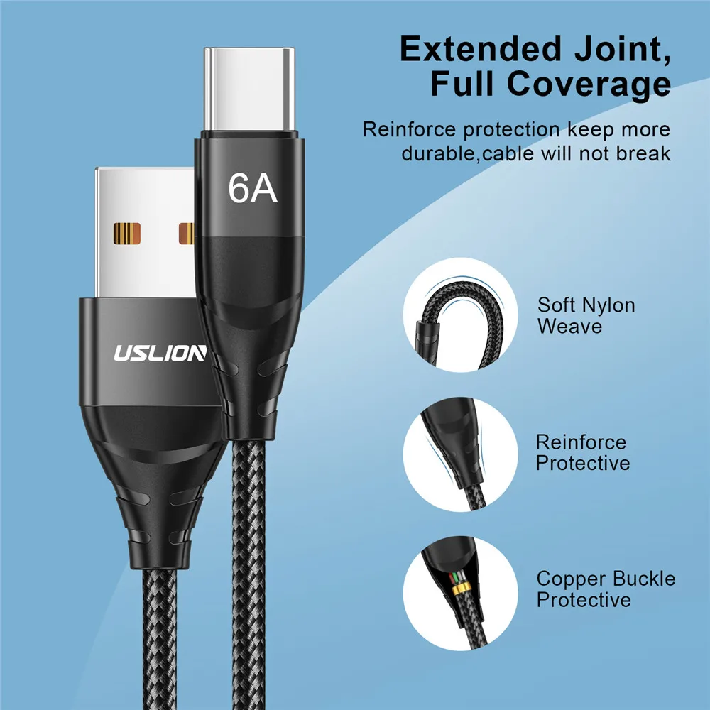USB Type C кабель USLION 6A для Huawei P40 P50 Pro 66 Вт быстрая зарядка Samsung Xiaomi mi 11 передачи данных