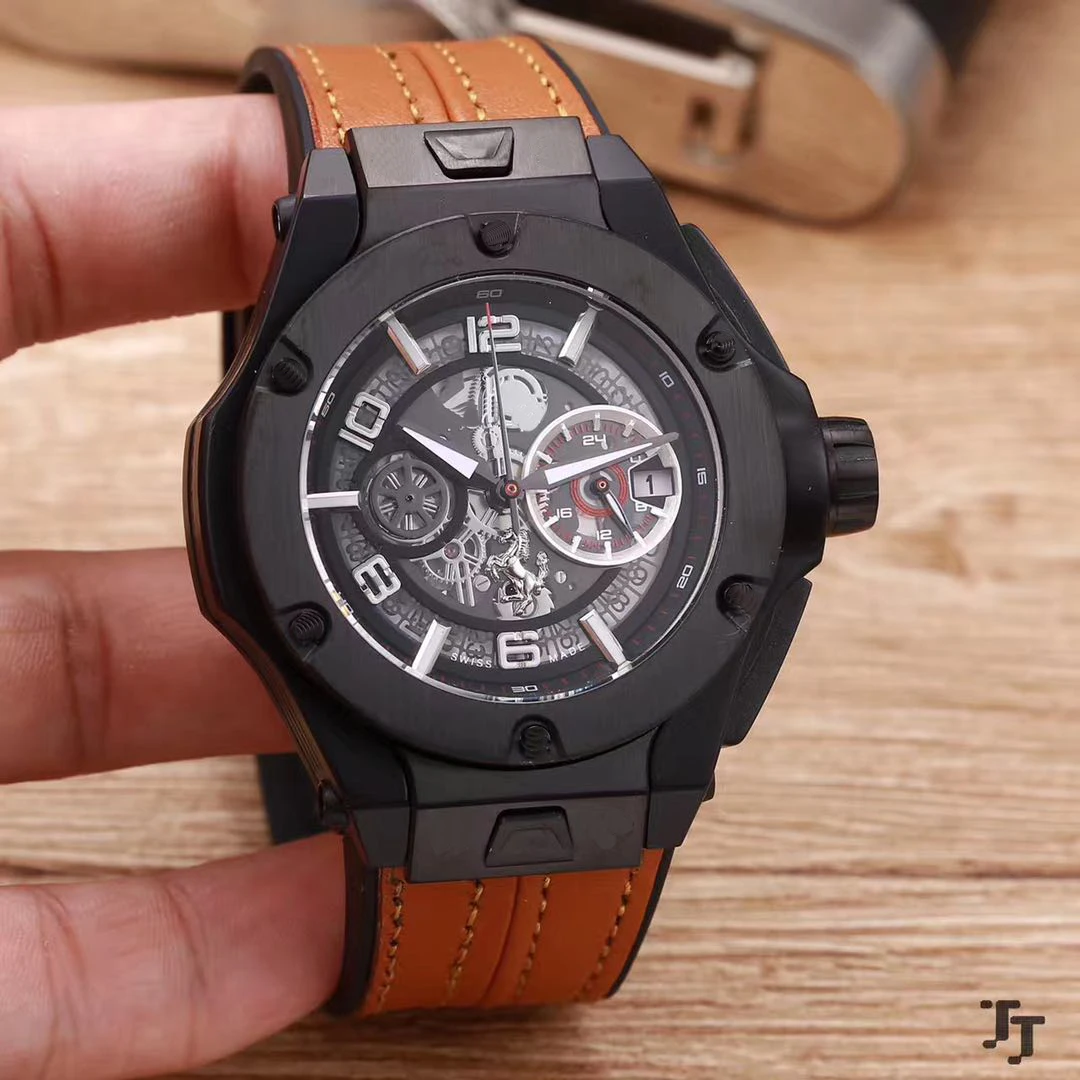 

Luxury Brand New Men Stainless Steel Full Black Matte Union Code Red Line Leather Brown Luminous Chronograph Sapphire Watches