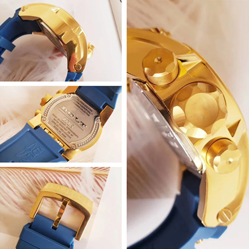 

BOLT ZEUS Top Quality Gold-Blue Watches Stainless Steel Car Tire Rubber Strap Men Fashion Sports Quartz Watches Gifts Luxury