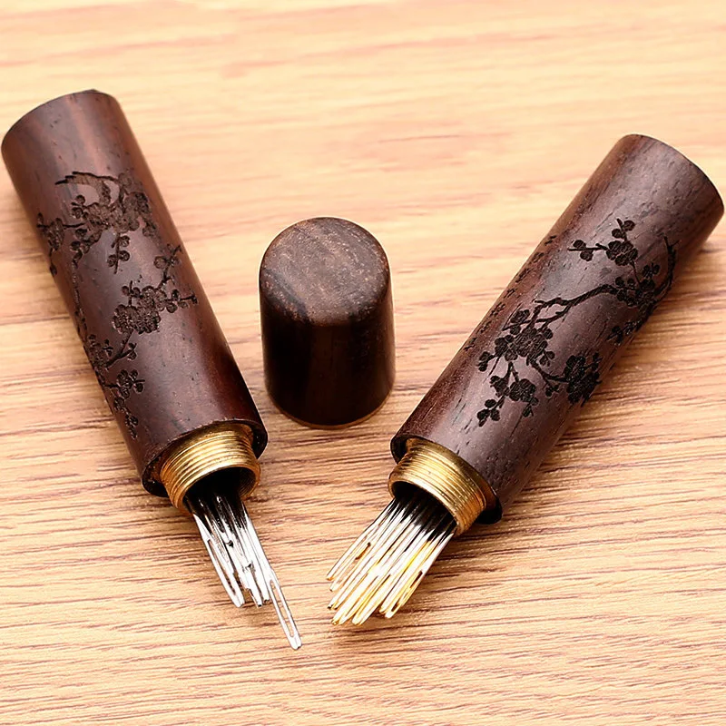 

Natural Wood Self Threading Sewing Needle Case Storage Stainless Steel Embroidery Hand Sewing Needle Sandalwood Storage Tube