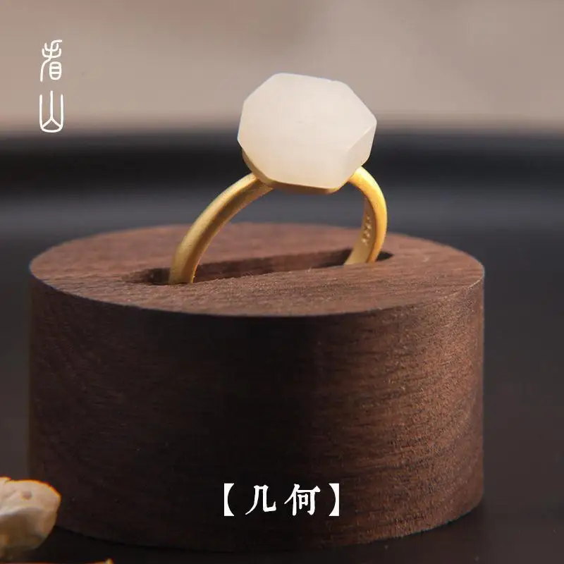 

[Geometry] Natural Hetian White Jade Ring Female S925 Sterling Silver Golden Open-End Chinese Retro National Style Ring