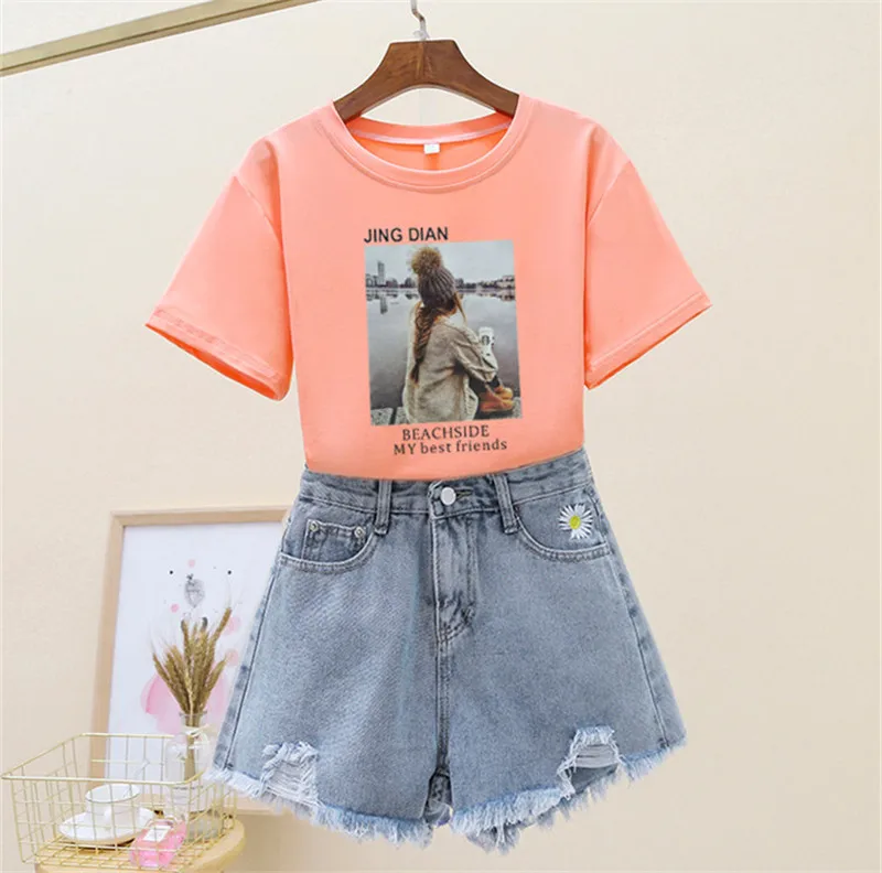 

Fashion Cotton T-Shirt Tops + Short Jeans 2 Pieces Sets 2022 New Summer Women's Denim Pants Cartoon Print Suit