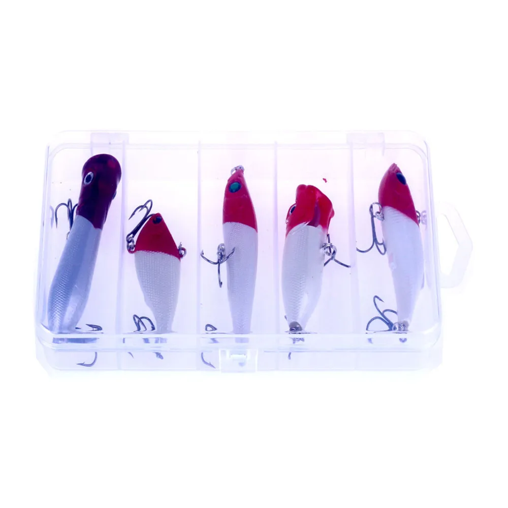 

Fishing Hard Baits 5pcs with Plastic Box Popper VIB Pencil Minnows Mix Size Lures Red Head White Body Artificial Baits Fishhooks