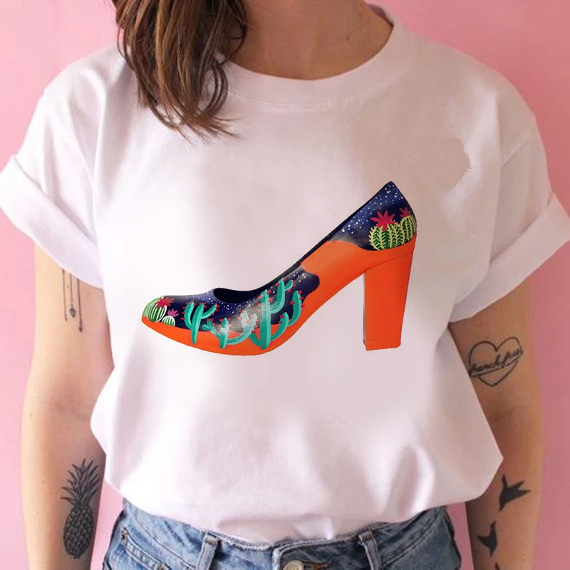 

Women's T-shirt high-heeled shoes fashion graphic T-shirt women Fashion Soft Casual White T shirts Girls Tops Tees Female