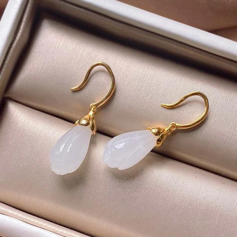 

New design natural Hetian jade exquisite orchid ear hooks Chinese style retro bohemian elegant ladies silver jewelry
