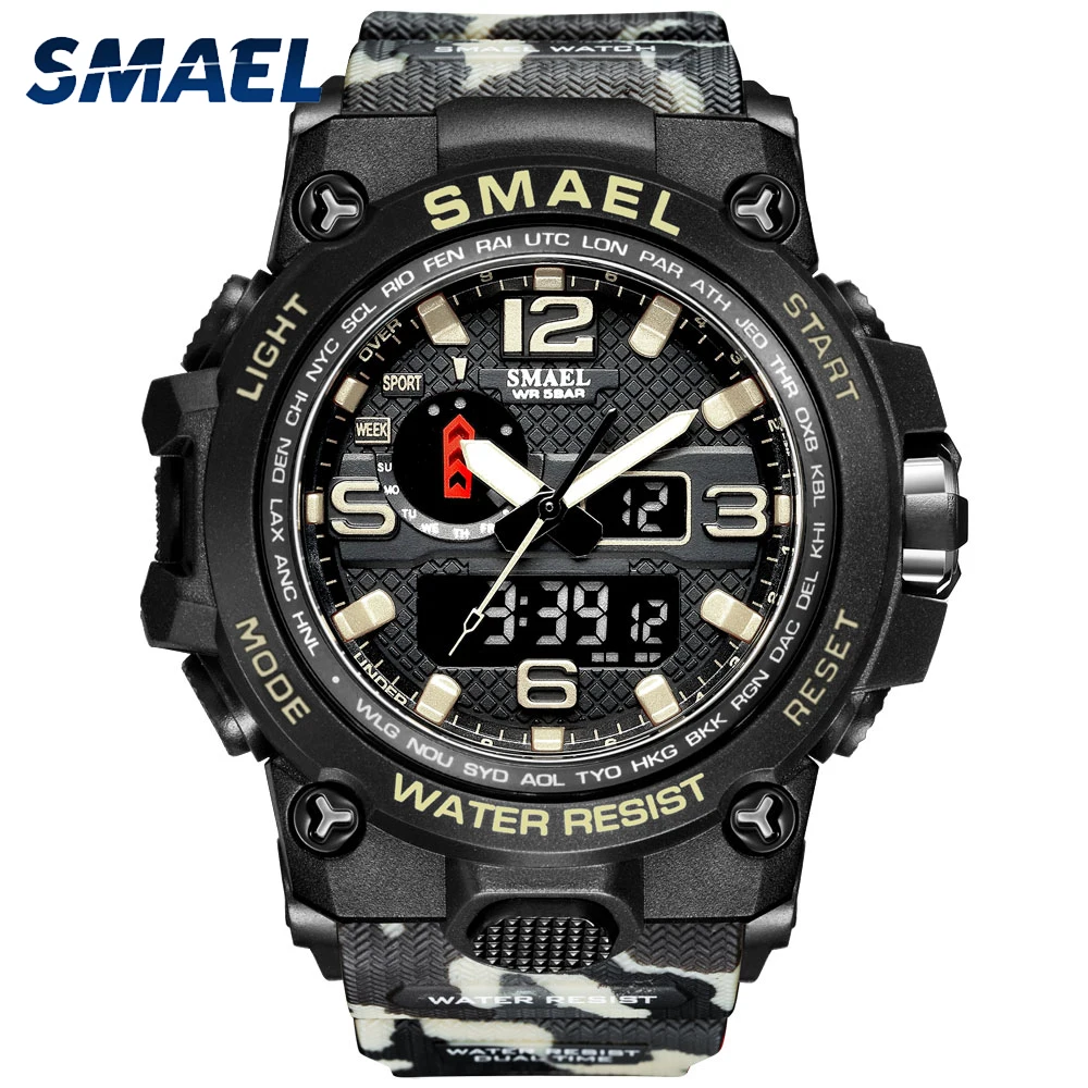 

SMAEL Watches For Men 50M Waterproof Clock Alarm reloj hombre 1545D Dual Display Wristwatch Quartz Military Watch Sport New 2020