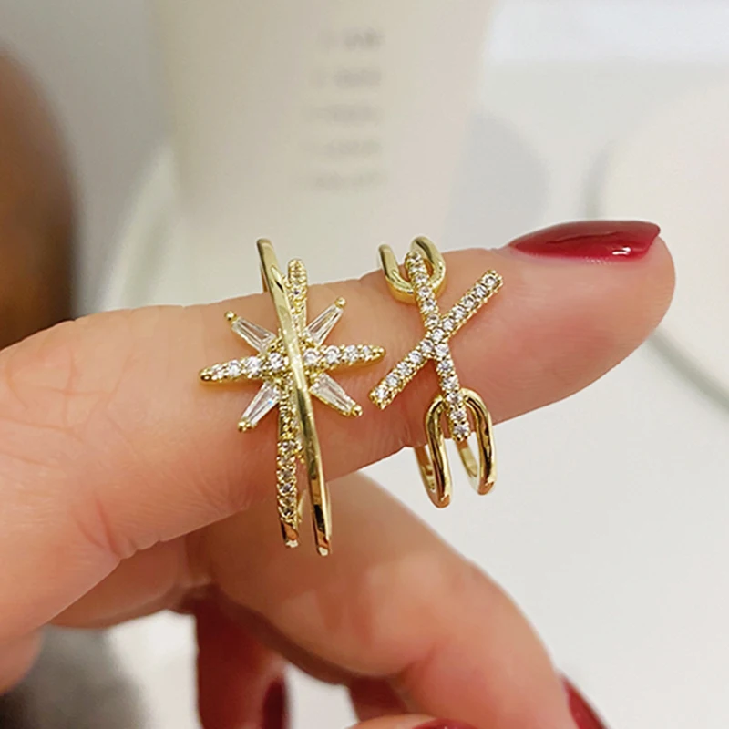 

Ins Hot Advanced 14k Real Gold Cross Star Rings for Women Jewelry Adjustable Open Design Inlay High Quality AAA Zirconia Ins Hot