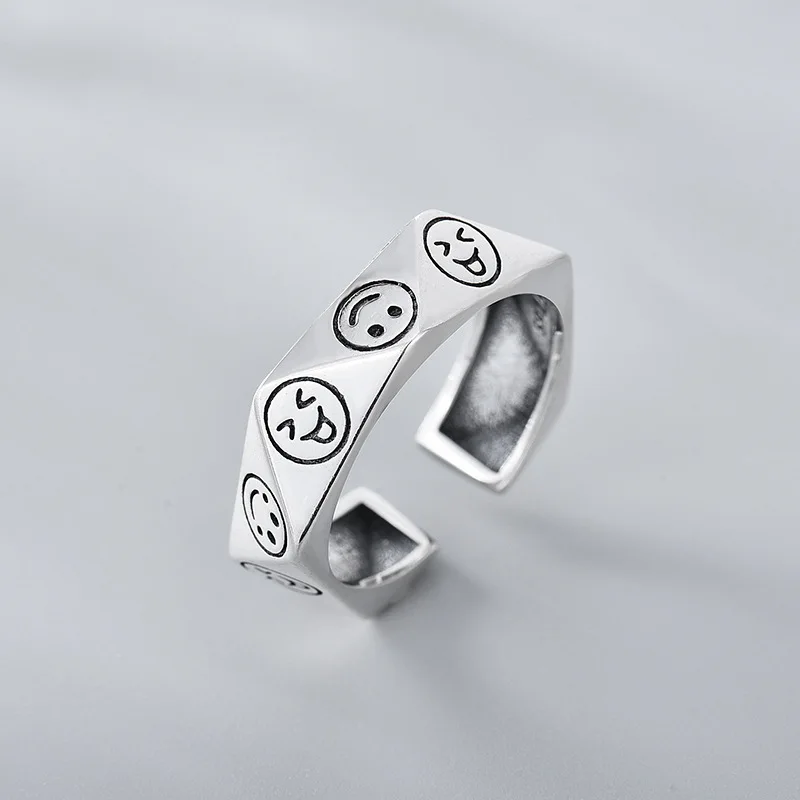 

Unisex Vintage Irregular Finger Ring Ancient Silver Color Happy Smiling Face Open Rings for Women Hip Hop Jewelry Gift Dropship