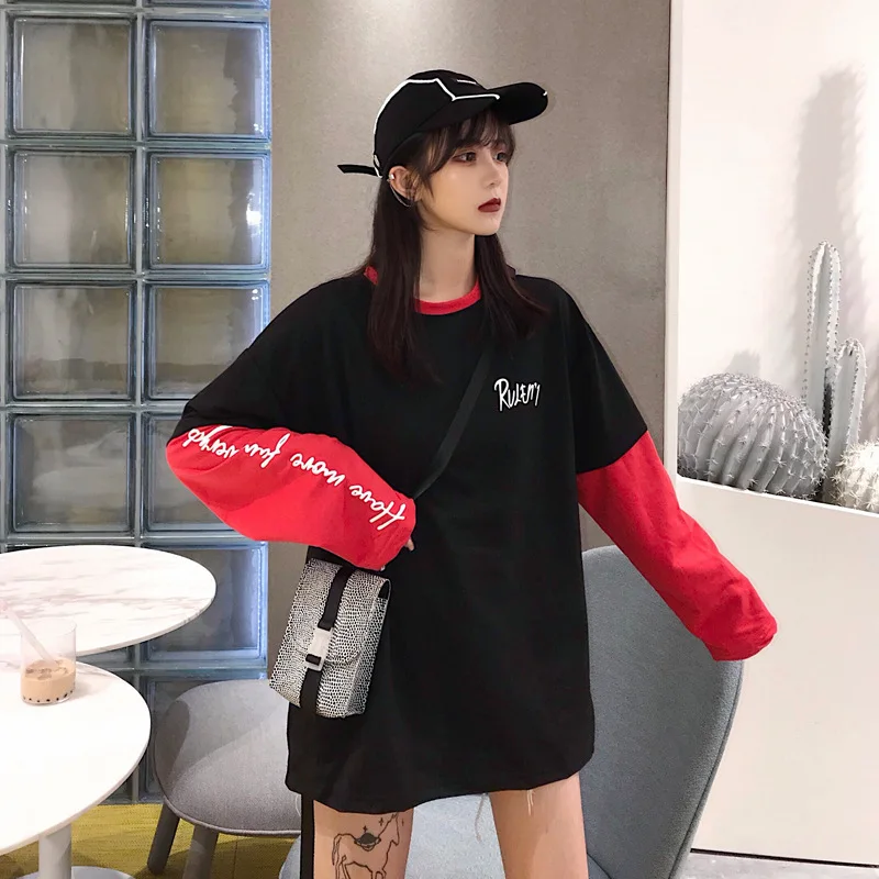 

Streetwear Red Patchwork Long Sleeve T Shirt Gothic Letter Spring T-shirts for Women Tops Tees