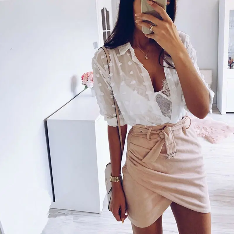 

Женская шифоновая блузка, в горошек, с длинным рукавом