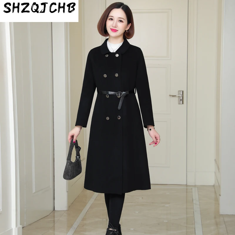 

SHZQ двухстороннее твидовое кашемировое пальто свободного покроя женское длинное стильное Новогоднее шерстяное двурядное пальто из твида с ...