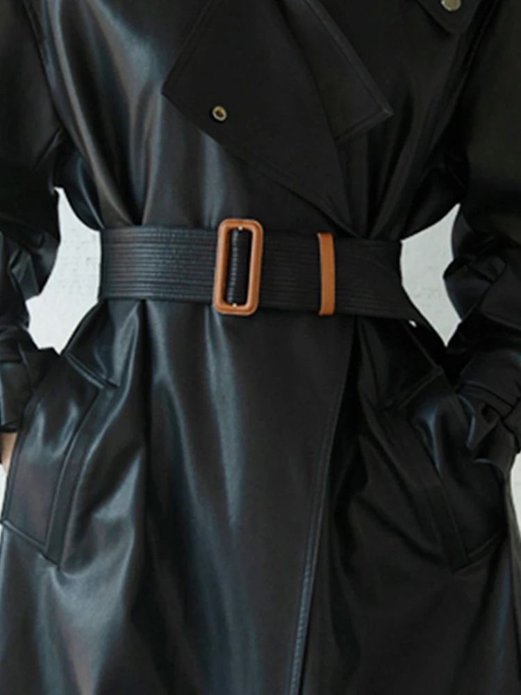 Lautaro Весенне-осенний крутой черный оверсайз длинный кожаный плащ для женщин с