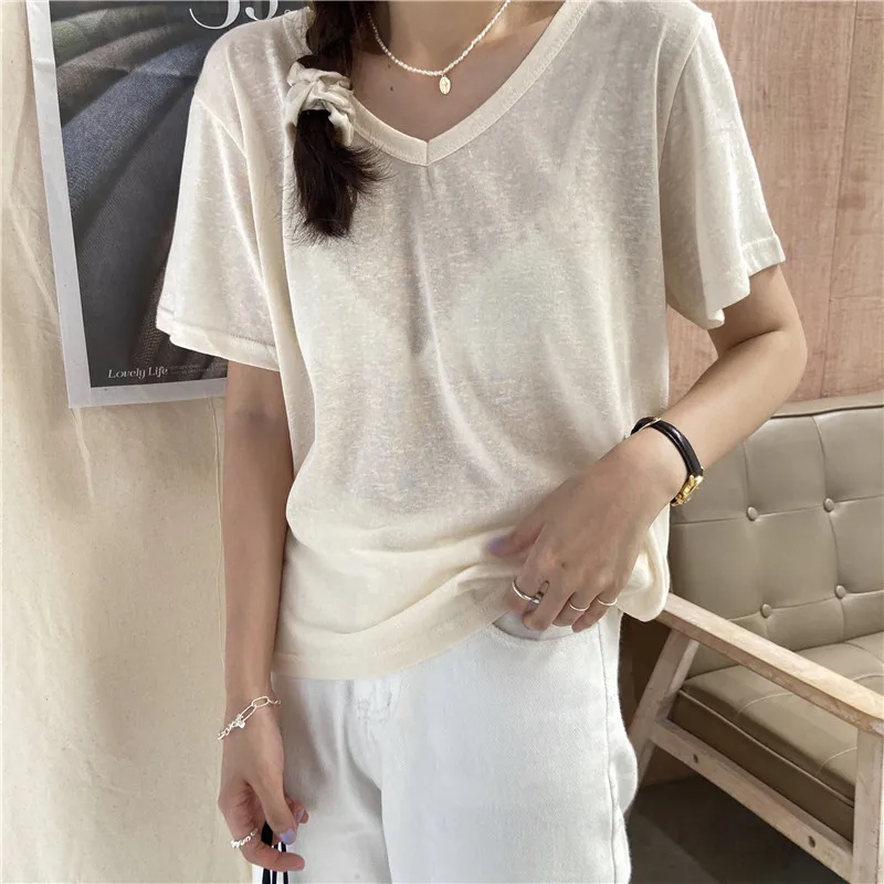 

Stowaulb 2021 Summer Short-Sleeved V-Neck Breathable Casual Tee Gentle Basewear Solid Chic Loose-Fitting Hot Tops T-shirts