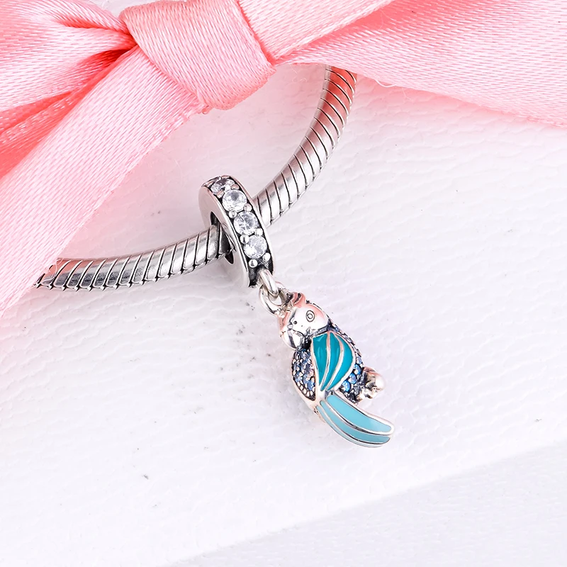 Подлинное 925 пробы серебро Тропический попугай серьги Подвески бусины &quotсделай