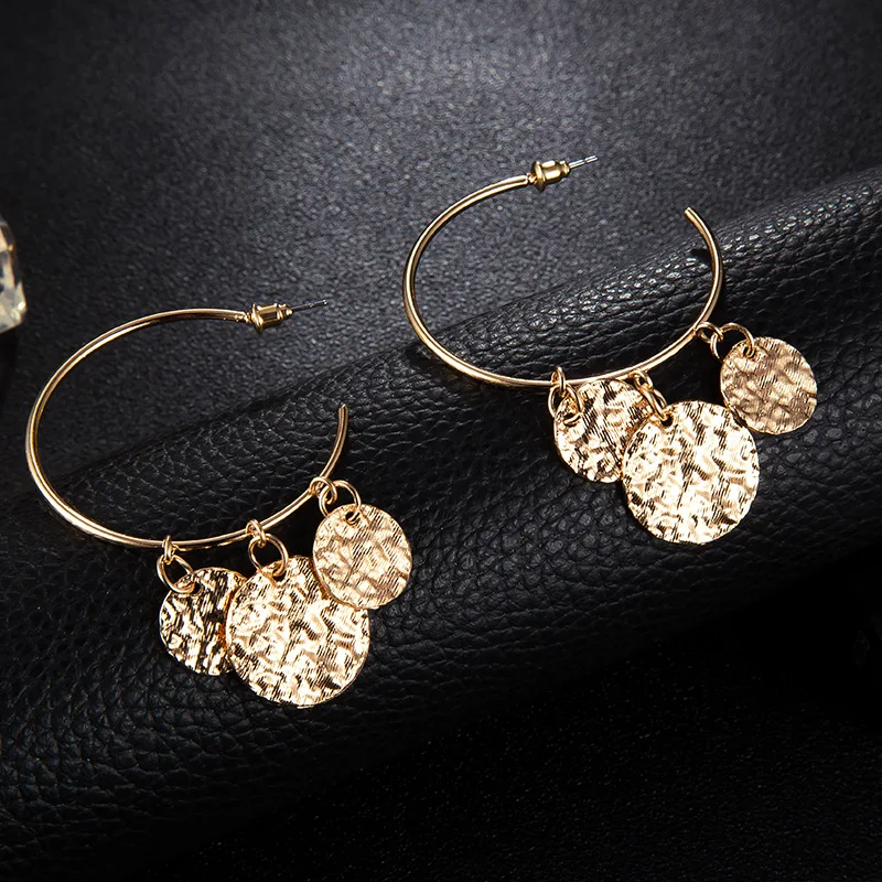 2019 New Fashion Bohemian Gold Silver Color Big Hoop Earrings With Round Sequins Charm Vintage C Shaped Earring | Украшения и