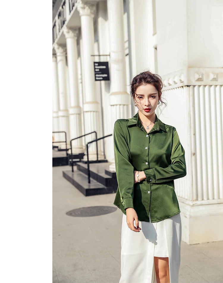 Весна 2020 длинный рукав отложной воротник офисная работа OL женские Атласные