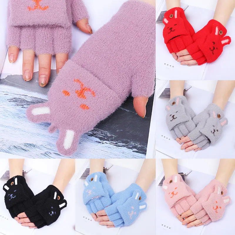 

Fingerless Mittens Women Gloves Solid Color Cute Cartoon Cat Ears Half Finger Flip Gloves Plush Thicken Winter Warm Soft