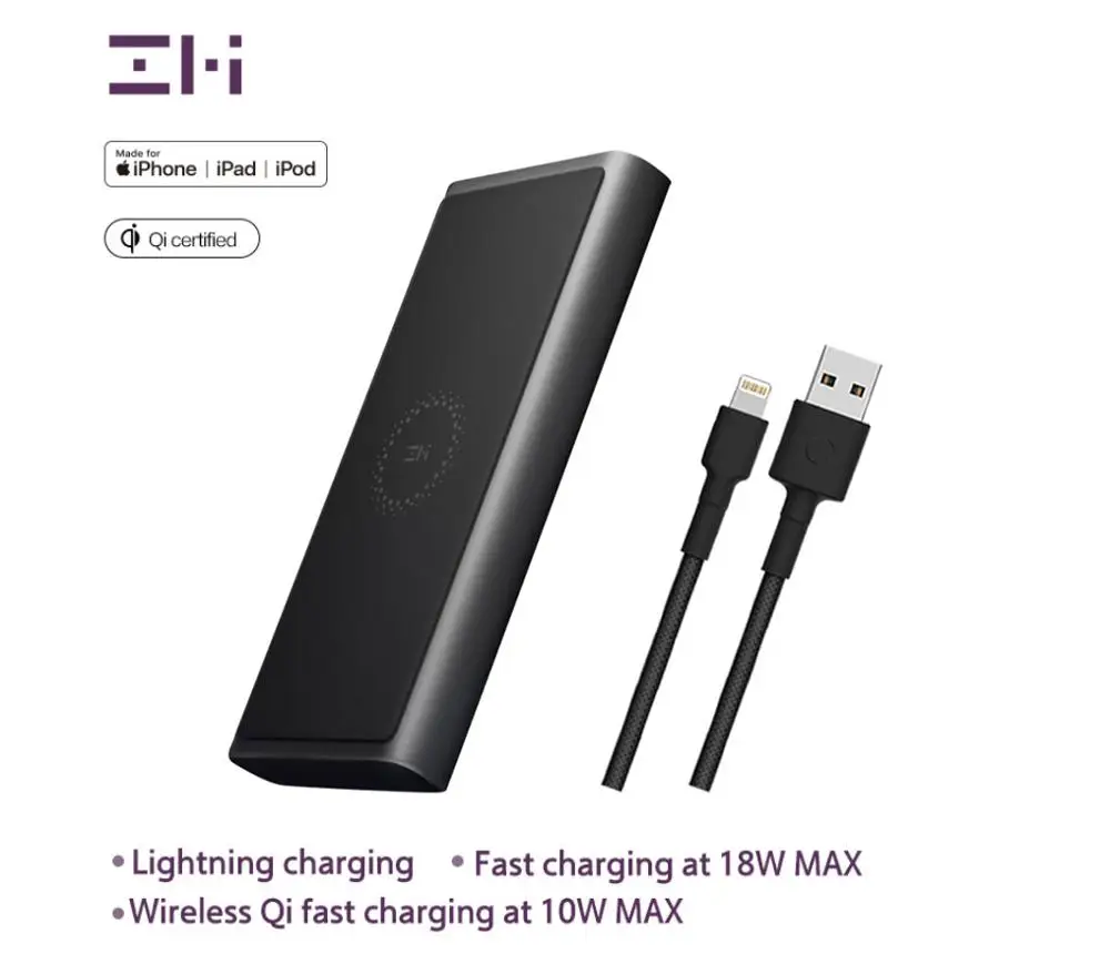 ZMI WPB100, 10000 мА/ч, беспроводной внешний аккумулятор для MFi, для Apple, для зарядки Lightning, двойной USB-C, 18 Вт, Макс., 10 Вт, Макс., Qi сертификат