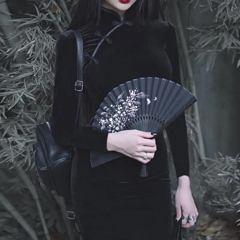 Готическое винтажное сексуальное черное платье Чонсам облегающее женское в