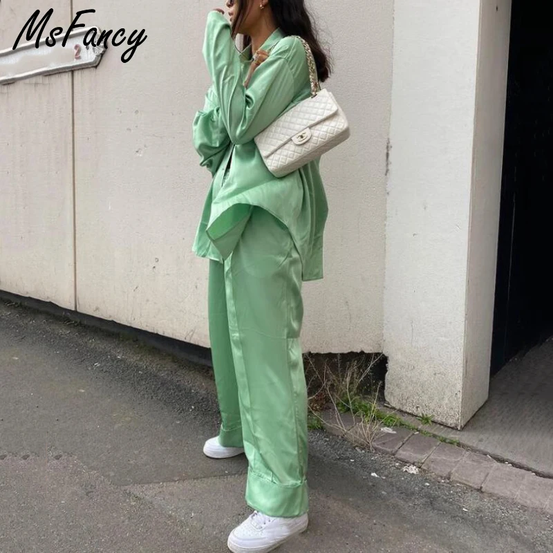 Комплект женский из 2 предметов Msfancy зеленая блузка с длинным рукавом широкие